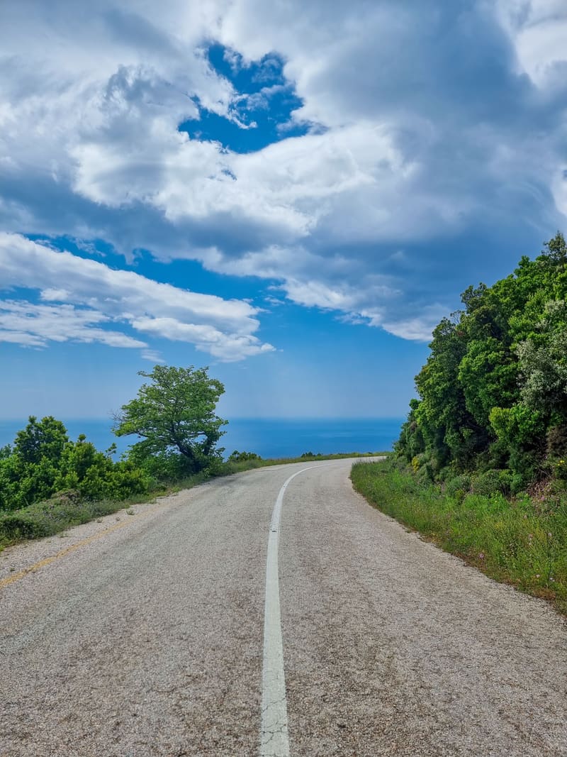 A country road curving toward the sea between green trees, under clouds.