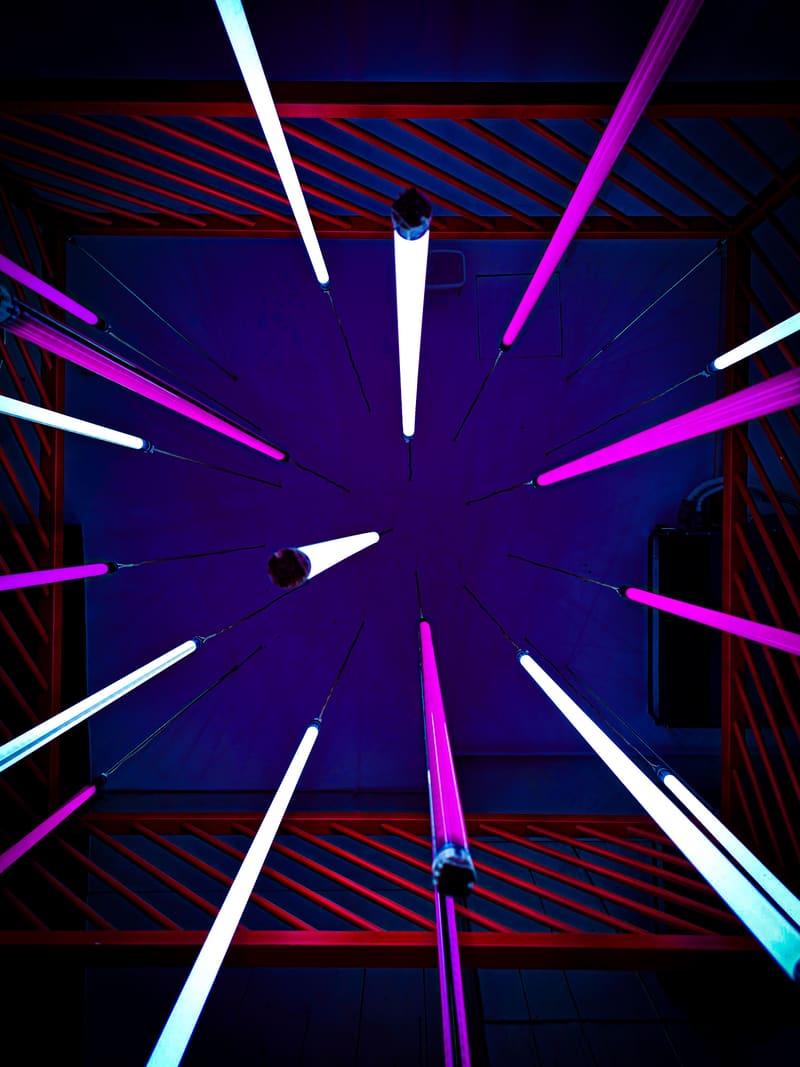 Looking up at a ceiling of neon tubes in pink and blue, radiating from the centre.