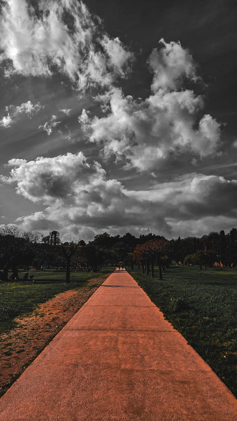 A red path through a park under dramatic grey clouds.