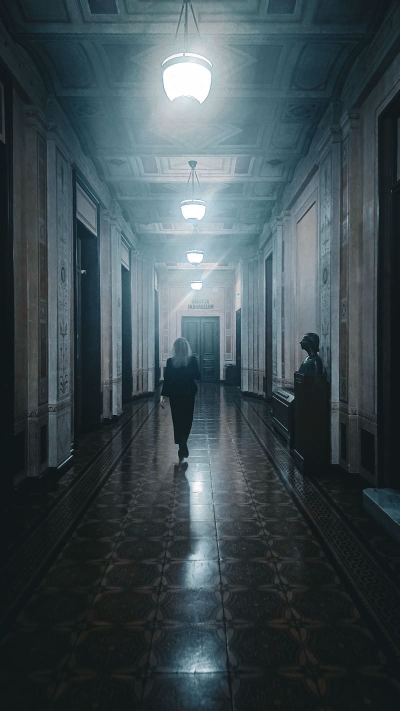 A long, dim corridor lit by ceiling lamps, two figures in silhouette, the floor reflecting the light.