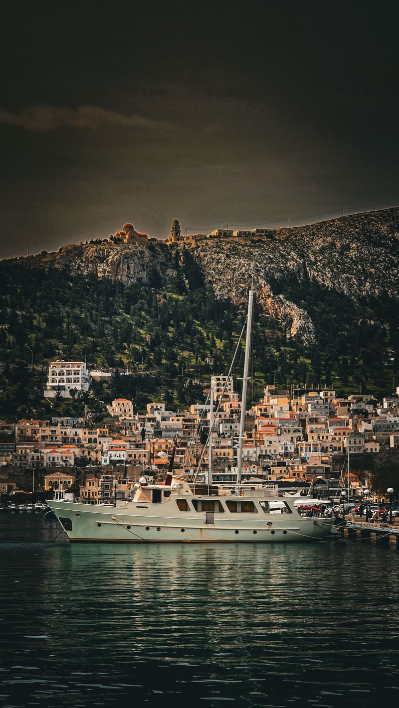 A large motor yacht moored in a harbour below a hillside town.