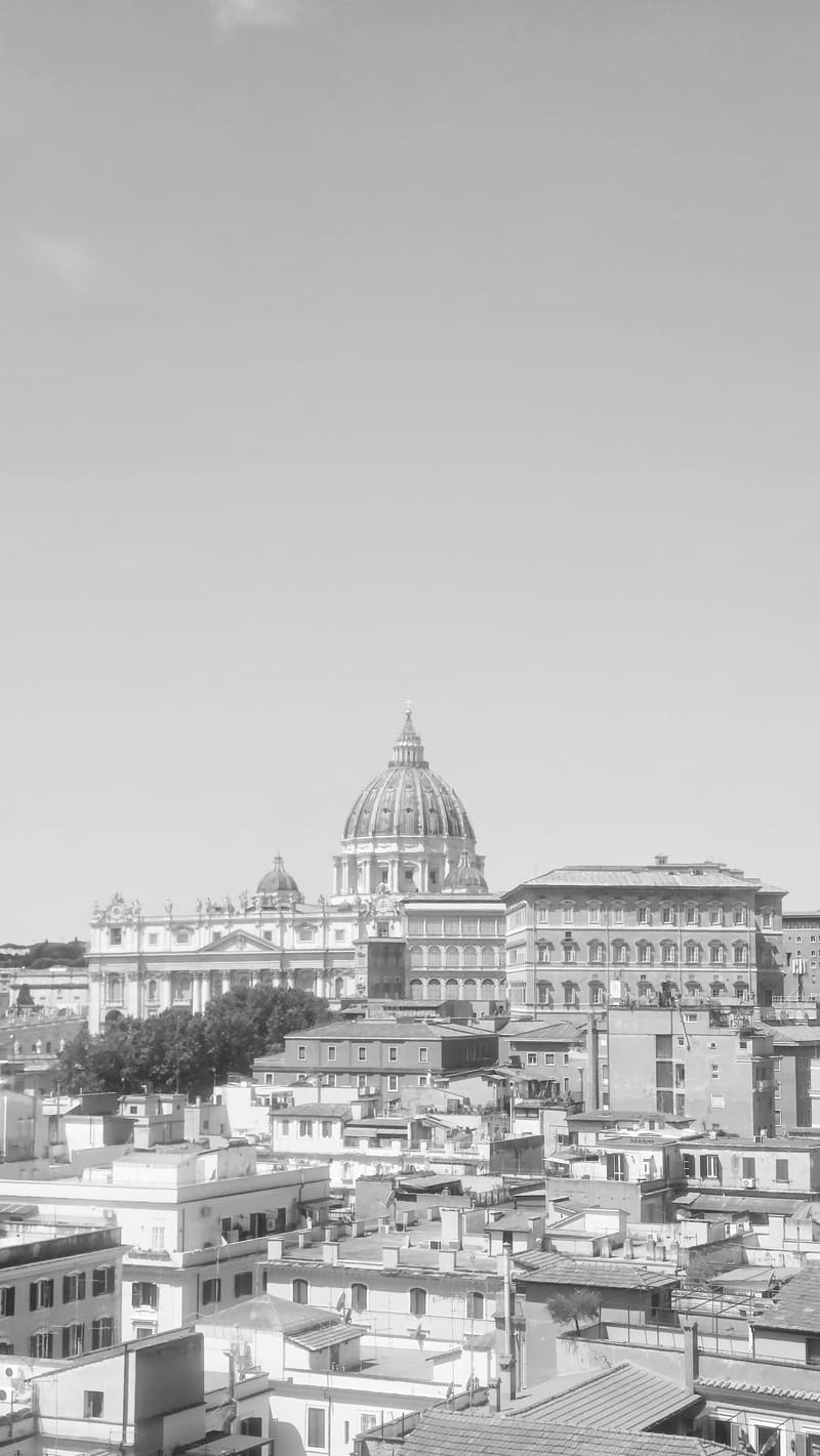 Black and white: a domed basilica above city rooftops.