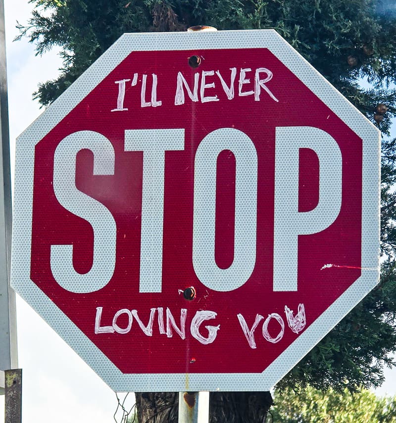 A stop sign with 'I'll never' and 'loving you' added by hand around the word STOP.