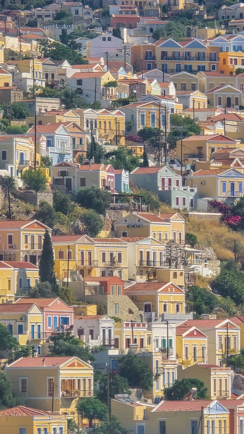 Colourful neoclassical houses packed onto a hillside.