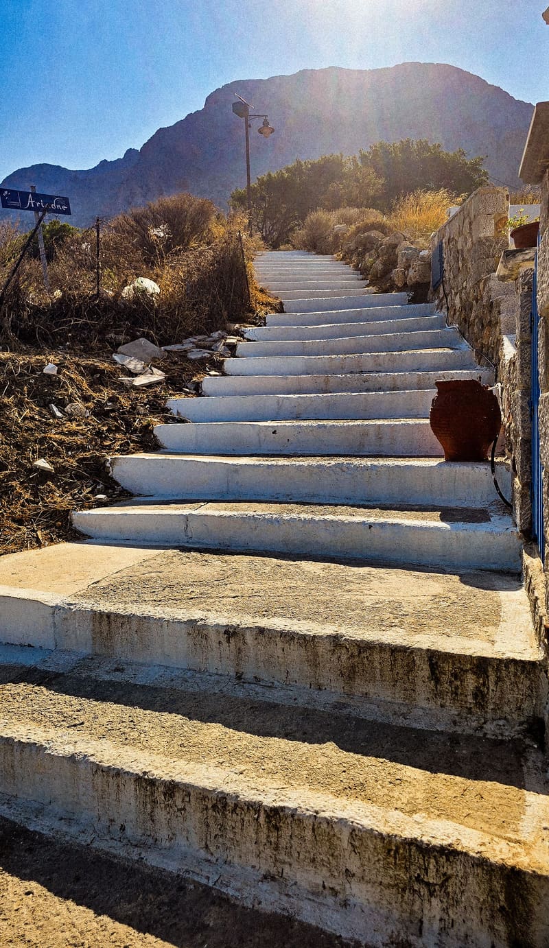 Stone steps climbing a hillside toward a mountain.