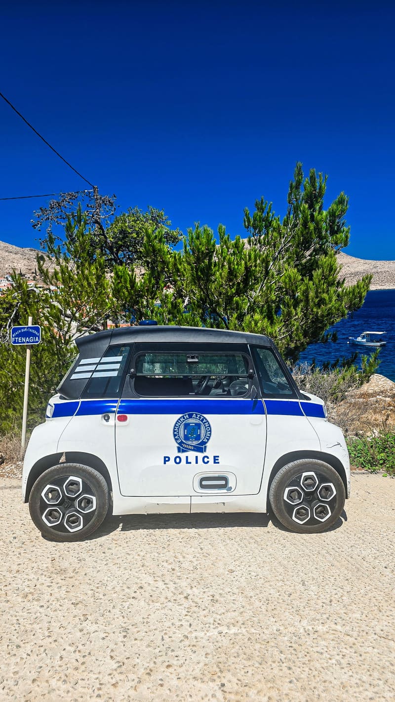 A small white police car parked by trees.