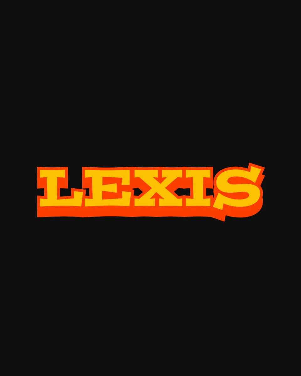 LEXIS wordmark — yellow letters with an orange offset shadow on black, each letter set at a slightly different angle