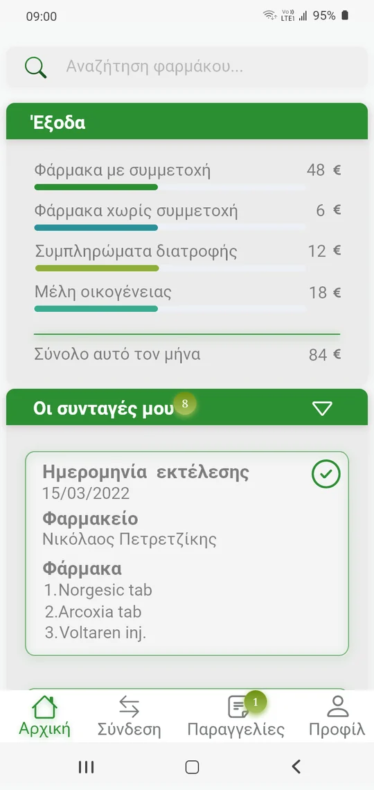 Patient app home: search, this month's spend split into medicines with co-payment, without co-payment, supplements and family members, total 84 euros, and My prescriptions